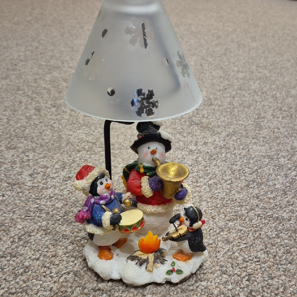 Christmas Snowman and Penguin Tea Light Lamp with Frosted Shade EUC